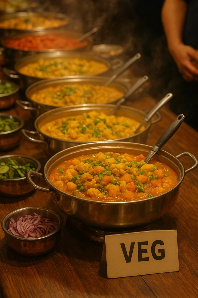 Catering for Anniversary Party with a delicious Indian buffet spread in golden serving bowls, featuring rice, curry, snacks, and sweets beautifully arranged on a decorated table.