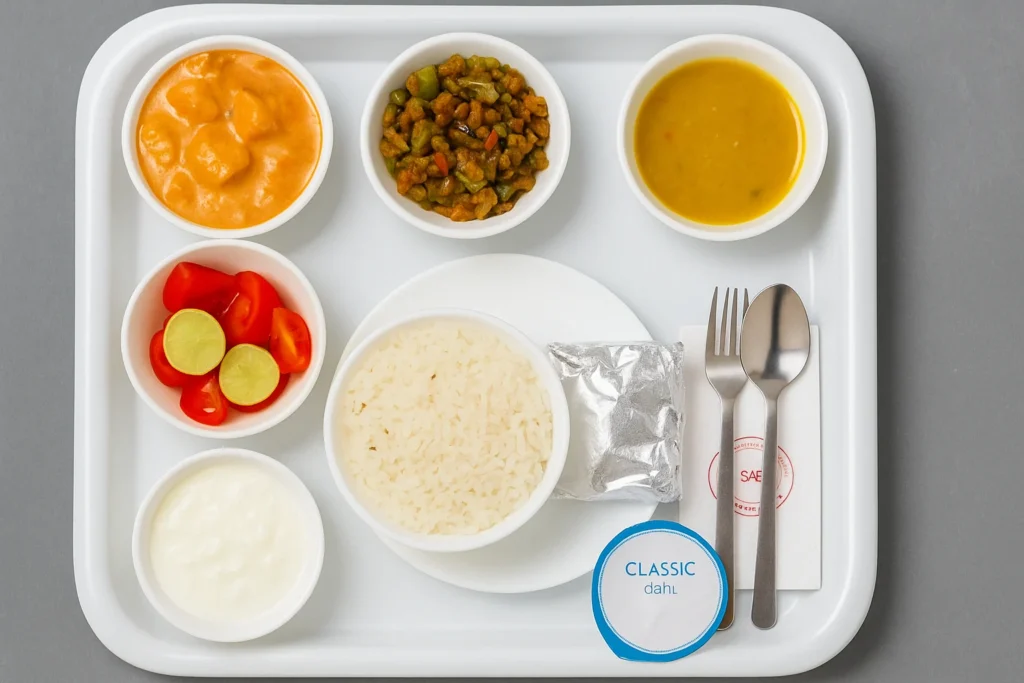 Nutritious meals in hospitals served on a white tray by SAB Hospitality, including rice, dal, curry, vegetables, salad, yogurt, and a packaged dessert, promoting balanced nutrition and hygiene for patient recovery.