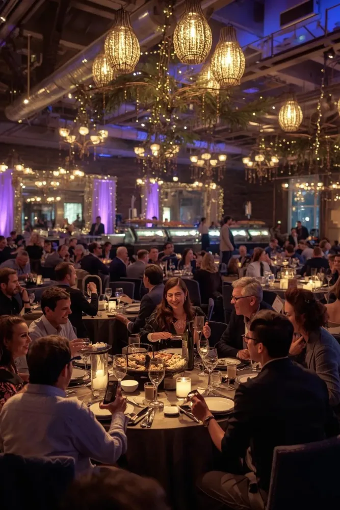 Guests seated at round tables enjoying a formal catered dinner at a large indoor celebration, with elegant table settings, warm decorative lighting overhead, buffet counters in the background, and a lively, festive atmosphere.