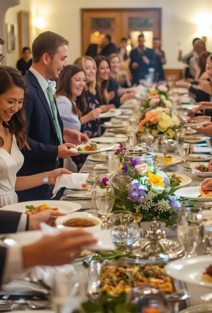 “Wedding catering service with guests being served plated meals at a long decorated dining table during an elegant wedding reception.”