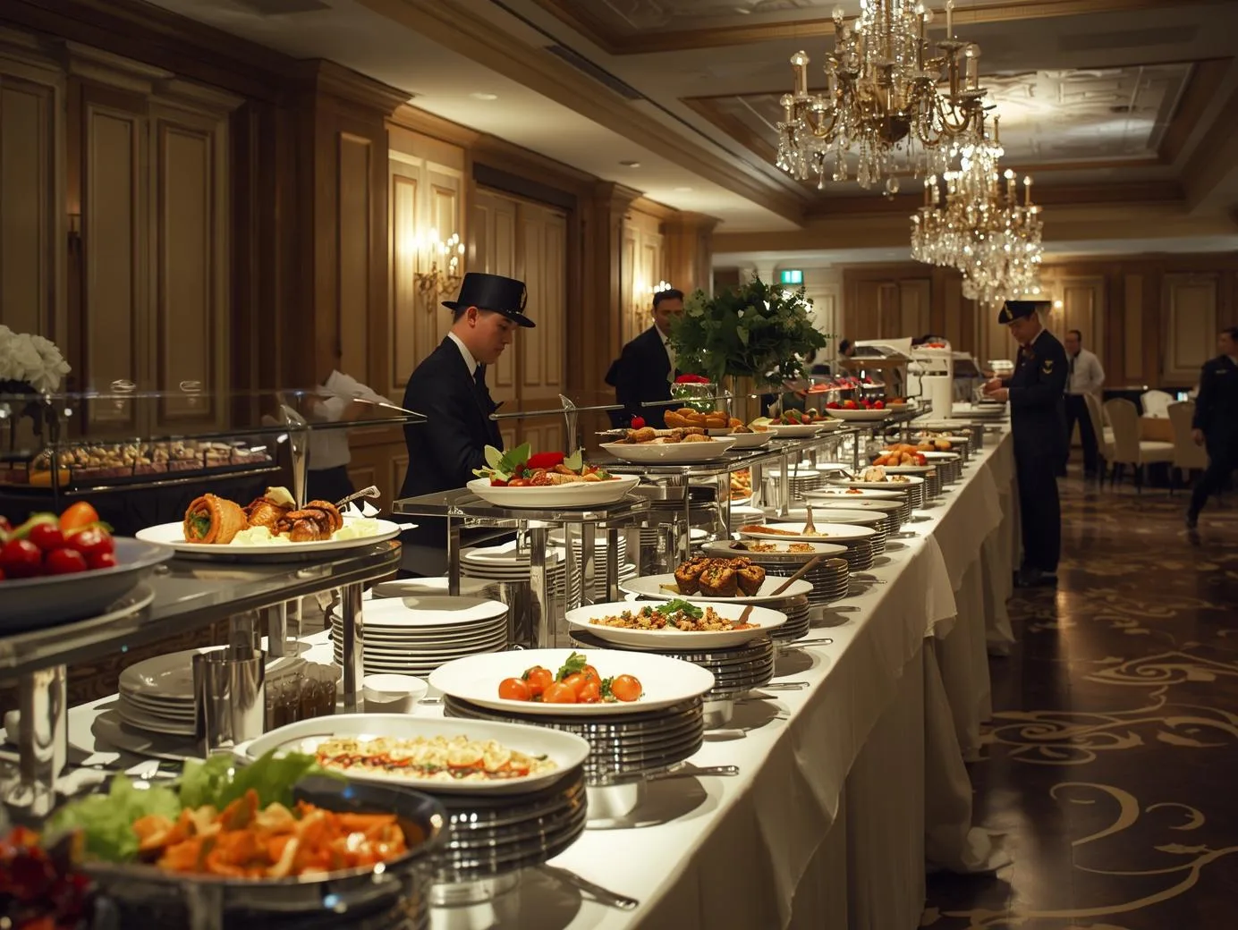 “Luxury wedding catering buffet setup with a wide variety of gourmet dishes arranged on elegant serving stations inside a grand banquet hall.”