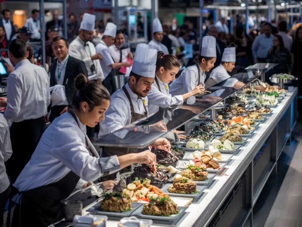Professional chefs in white uniforms and chef hats preparing and plating a variety of dishes at a large buffet counter during a busy food exhibition or catering event, with guests observing in the background.