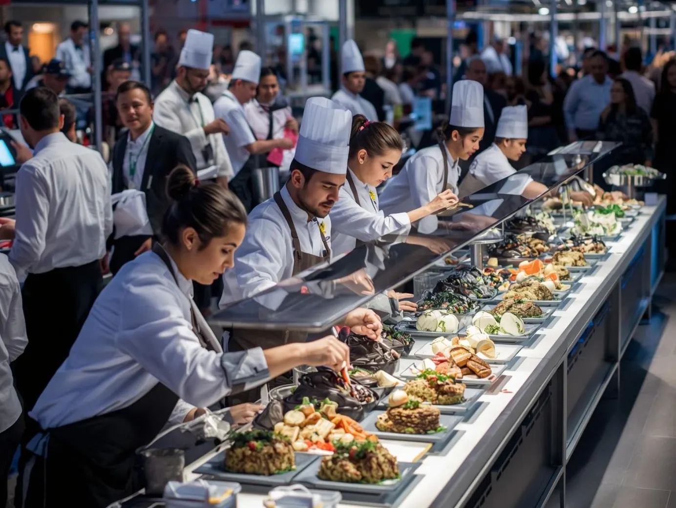 Professional chefs in white uniforms and chef hats preparing and plating a variety of dishes at a large buffet counter during a busy food exhibition or catering event, with guests observing in the background.